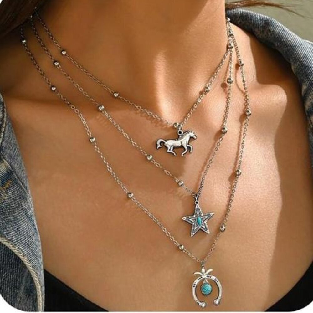 Cintya Layered Western Necklaces Turquoise Layered Necklace Boho Cowboy Hat
